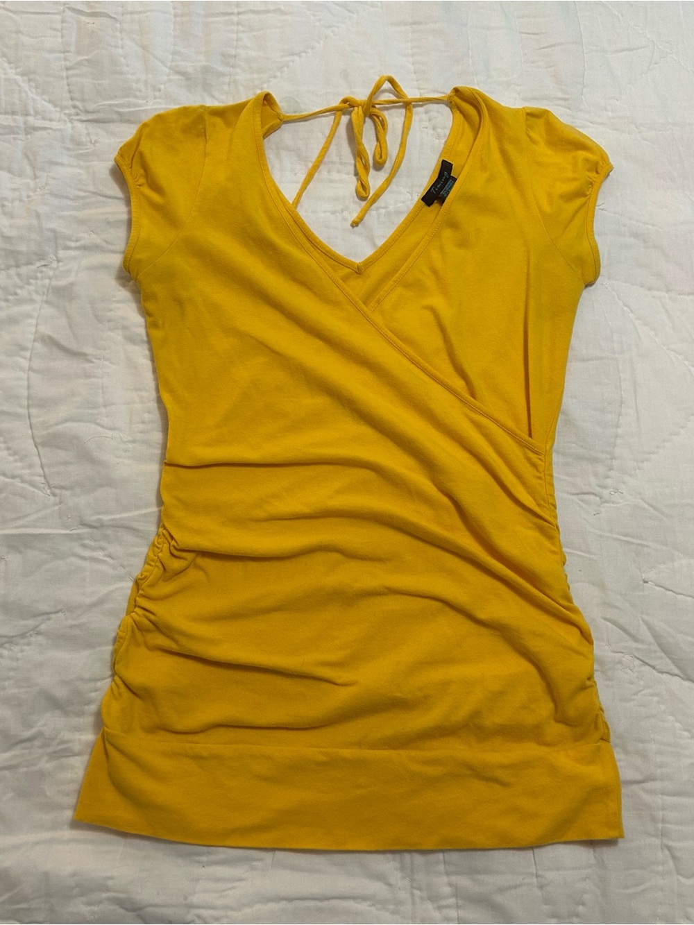 VTG Y2K  Ruched Wrap Top Womens L Yellow Cap Sleeve Balletcore Whimsical Fairy